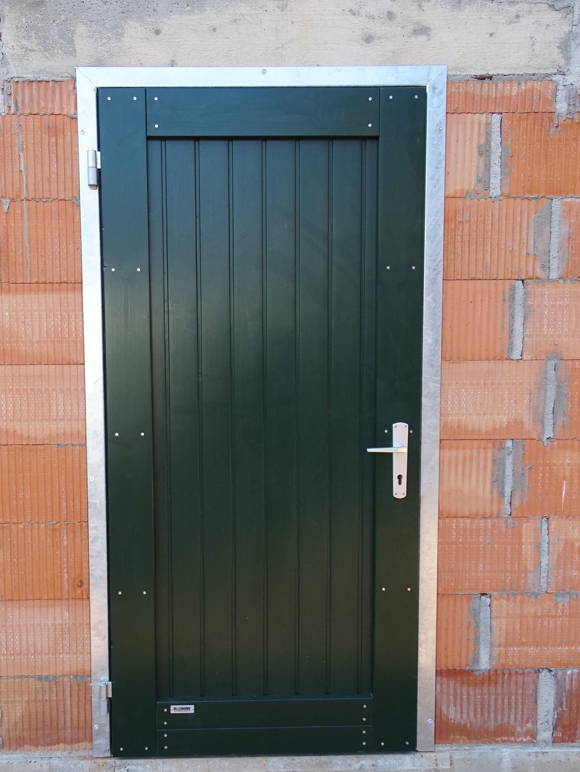 Eingangstür mit Metall-Zarge, 1 x 2 m DIN L mit aufgeschraubte Friese, RAL 6009.JPG
